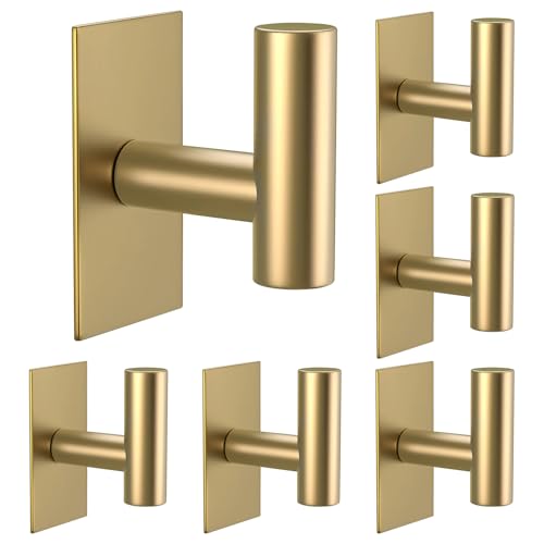 Image of VAEHOLD Wall Towel Hooks, Heavy Duty Sticky Holder Waterproof Towel Hooks for Hanging Coat, Clothes, Closet Hook Wall Mount for Kitchen (Gold, 6 Pack)