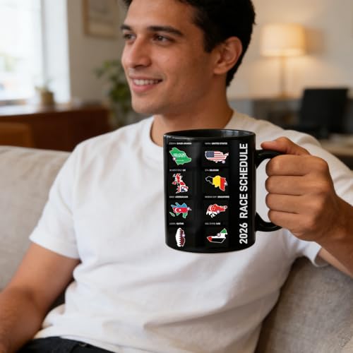 Formula 1 Mug, F1 Merchandise Cup, F1 Calendar 2026 Mug, Black Ceramic Mug Double-Sided Printed, Formula One Gifts for F1 Fans and Racing Enthusiasts