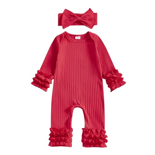 Image of Winioder Newborn Baby Girl Clothes Ribbed Long Sleeve Ruffle Romper Jumpsuit with Headband My First Valentines Outfit