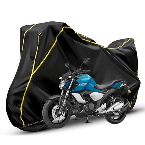 Image of Waterproof Bike Body Cover Compatible with Yamaha Fz Dustproof Scratchproof - Motorcycle Cover for Two Wheeler, Outdoor Full Cover with UV, Duty, Rain Protection (Black & Yellow) R1