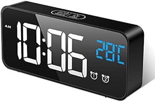 MOSUO LED Digital Alarm Clock, Rechargeable Mirror Bedside Clock with Temperature Display, Snooze, Non Ticking, Adjustable Volume & Brightness, 2 Alarms Set with 13 Music, Black