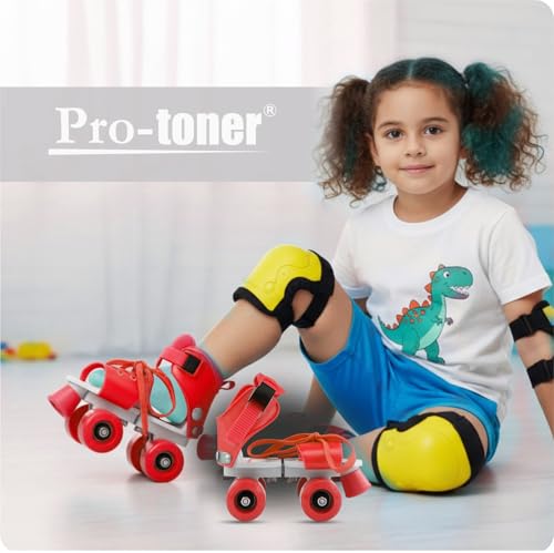 Image of Kids Roller Skates Set with Helmet, Knee Pads, Elbow Pads and Wrist Guards (Red)
