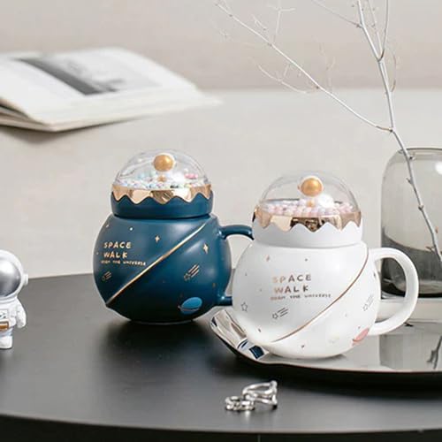 Image of KRESHU Space Walk Astronaut Ceramic Coffee Mug | Galaxy Planet Theme Tea Cup with Airtight Pearl Lid, Cute Bubbles Design, Heavy Quality Milk Coffee Mug for Kids (Multi, 1-pcs)