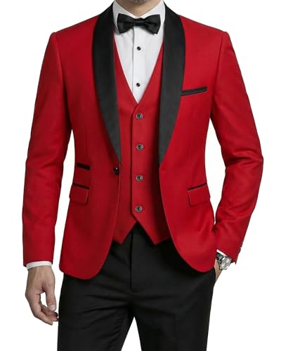 MrSure Men’s 3 Piece Slim Fit Suit, One Button Shawl Lapel Tuxedo, Premium Dinner Jacket Vest Pants & Tie Set