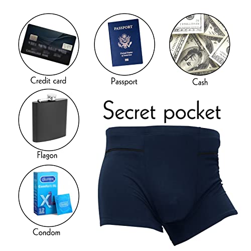 LUEXBOX Pocket Underwear for Men with Secret Hidden Pocket, Travel Boxer Briefs, 2 Packs (Dark Blue)2