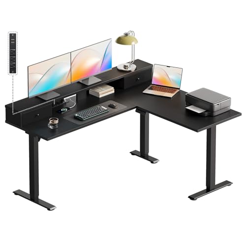Image of Casaottima 59 Inch Electric L-Shaped Standing Desk with Drawers, Height Adjustable Stand Up Corner Desk with Monitor Stand, Lift Table for Home, Office, Workstation, Black