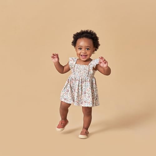 Modern Moments by Gerber Baby Girls\' 2-Piece Ruffle Sleeve Dress with Smocking & Diaper Cover Set, Ivory Garden, 3-6 Months