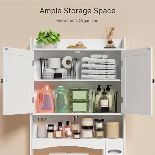 Image of Ahomly Over The Toilet Storage Cabinet, 32.3 inch W x 70.3 inch H, White | Over Toilet Bathroom Organizer with Doors, Adjustable Shelves, Toilet Paper Holder, 2 Side Hooks, for Bathroom, Laundry