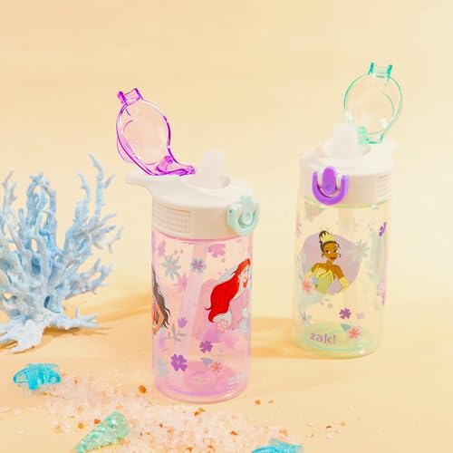Zak Designs Disney Princess Sage Kids Water Bottle For School or Travel, 16oz Durable Plastic With Straw and Leak-Proof Spout Cover, 2-Pack (Ariel, Cinderella, Jasmine, Moana, Rapunzel, Tiana)