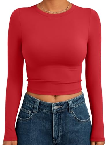 Trendy Queen Womens Long Sleeve Crop Tops Basic Slim Fitted Shirts Casual Fashion 2025 Going Out Y2k Tops Teen Girl Clothes Red XS