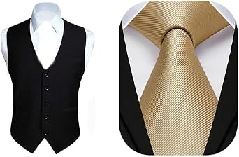 Enlision Black Mens Vest and Gold Tie Set Formal Business Suit Vest and Silk Necktie Wedding Groom Groomsmen Prom Banquet Present for Husband Dad Son