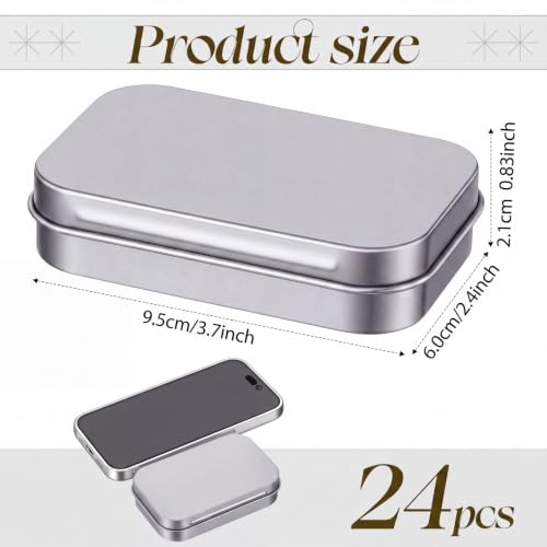 Image of Hotop 24 Pack Metal Rectangular Empty Hinged Tins 3.75 x 2.45 x 0.8 Inch Box Containers with Lids Mini Portable Box Small Storage Kit, Home Organizer (Silver)