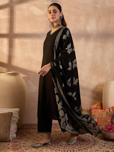 Image of INDO ERA Women's Pure Cotton Solid Solid kurta & Pant with Dupatta Set | Cotton Kurta Set For Woman