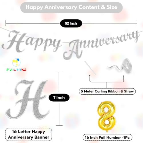 Image of Flyloons 8th Happy Anniversary Banner Silver Decorations Kit for Men Women Wedding Anniversary Banner Items without Balloons