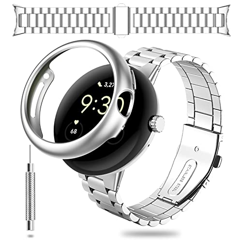 IUHOZI Case and Band for Google Pixel Watch, Pixel Watch Band, Stainless Steel Metal Replacement Adjustable Wristband Strap for Google Pixel Watch for Men (Silver)