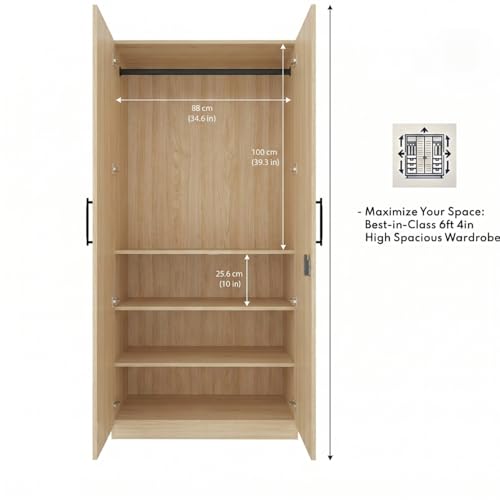 Image of Amazon Brand - Solimo Kiano 2 Door Wardrobe | Cupboard | Almirah with 4 Shelves & Hanging Rod | 90L x 45W x 180H CM | Wood Oak Light | DIY