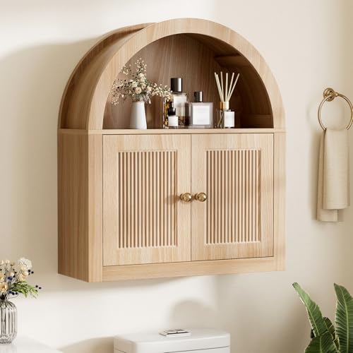 Maupvit Arched Bathroom Storage Cabinet Medicine Cabinet with Fluted Doors & Adjustable Shelf Over the Toilet Storage Cabinet Wall Cabinet for Bathroom Kitchen Entryway Laundry Room Oak