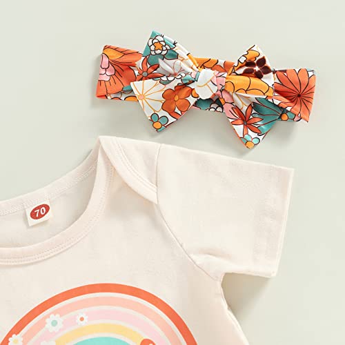 Muasaaluxi Infant Toddler Baby Girl Clothes Groovy One/Two Groovy Romper Tops Flower Flared Pants Bell Bottoms Headband Set2