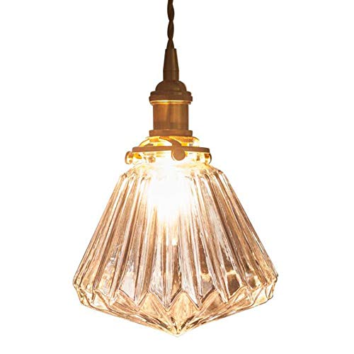 Lampe à suspension industrielle en laiton véritable et verre nervuré rétro haut de gamme
