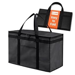 NZ home Insulated Bags for Food Delivery (2XL) Grocery Shopping Cooler Bag, Pizza Delivery, Hot & Cold Catering Tote, Reusable, Foldable & Heavy Duty (Black)