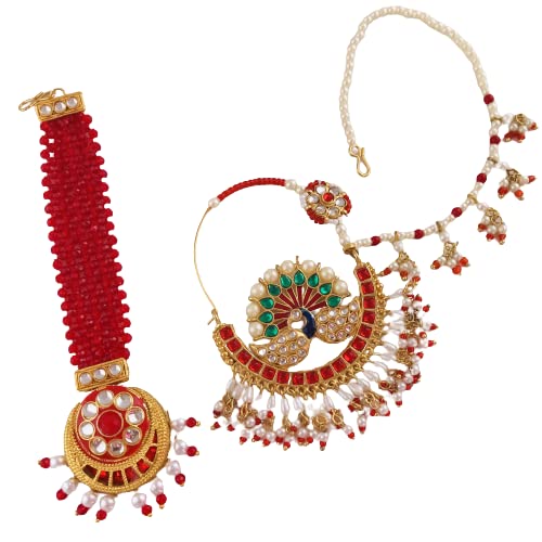 THE OPAL FACTORY TOF Gold Plated Combo Jewellery of Traditional Rajasthani Peacock Nathiya with Pearls Chain and Tikka in Kundan Multicolour for Women and Girls (Red) (B08XM9R2B5) Amazon Price History, Amazon Price Tracker