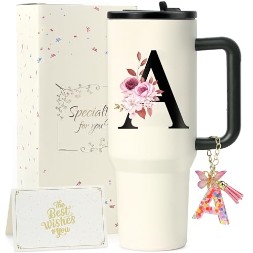 ZIOSINM A-Z Buchstaben Thermobecher mit Strohhalm, Doppelwandiger Edelstahl Trinkbecher mit Deckel und Strohhalm, Perfekte Geschenke für Frauen zu Geburtstag, Weihnachten, Valentinsta (A)