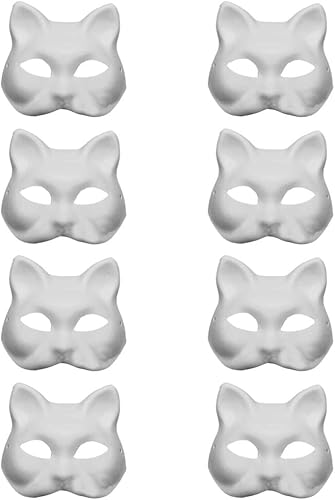 Máscara de gato blanca artesanal, 8 unidades, máscaras de papel blanco pintadas a mano en blanco, máscaras de máscaras para cosplay, recuerdos de