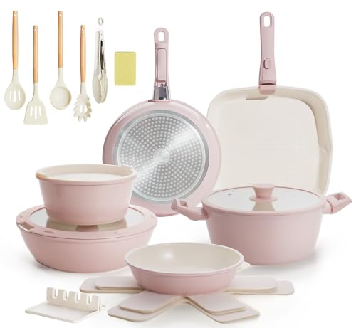 BECIGAR 23pcs Ceramic Pots and Pans Set, Nonstick Detachable Handle Cookware, Induction Kitchen...