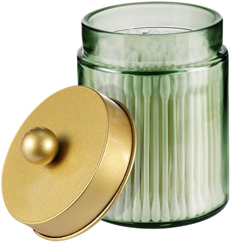 Amolliar Green Glass Apothecary Jar, Qtip Holder Bathroom Decor, Gold 1Pack | Bathroom Canister With Metal Lid, Q tip Dispenser Holder for Cotton Balls, Cotton Swabs, Floss Picks, Vanity Makeup Organizer
