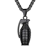 Richsteel Black Grenade Necklace Mens Stainless Steel Jewelry Punk Military Bomb Pendant with Chain 22''
