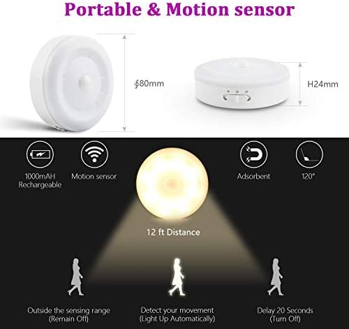 Rechargeable Motion Sensor Light 1000mAH LED Puck Lights, Stick Anywhere Light, Cordless Closet Light, Automatic Under Cabinet Lighting for Counter,Pantry,Wardrobe,Hallway,Stairs,Warm White 3 Pack