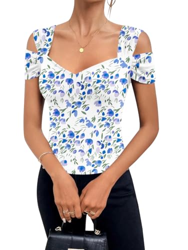 Blingfit V Neck Shirts Women Cold Shoulder Tops Summer Floral Short Sleeve Tshirts Summer Sexy Cut Out Tops Casual Shirts Large