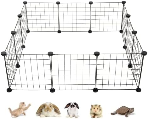 ALLISANDRO Small Animal Playpen, Small Animal Cage for Indoor Outdoor Use, Portable Metal Wire Yard Fence for Small Animal, Guinea Pigs, Bunny, Turtle, Hamster, Blanket, 12 Panels (11.8x11.8)