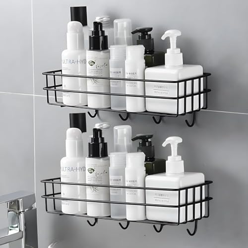 Image of TEKCOOL Self-Adhesive Bathroom Shelf with Hooks - Space-Saving Wall Mounted Shelf for Bathroom Essentials - Durable, No-Drill Required - Sleek Design. (Pack of 2)
