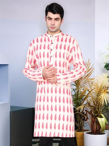 SKAVIJ Men's Cotton Printed Kurta Long Sleeve Knee-Length Shirt with Mandarin Collar4