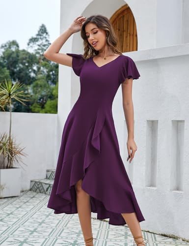 Image of HomRain V Neck Formal Wedding Guest Dresses for Women Ruffle Sleeves for Cocktail Graduation Modest Dress