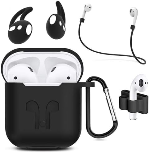 Sounce Silicone Soft Shock Proof Protective AirPods Case 5-in-1 Set Sleeve Skin Cover with Anti Lost Strap + Keychain + Earplug + Strap Holder for Apple AirPods Case Cover