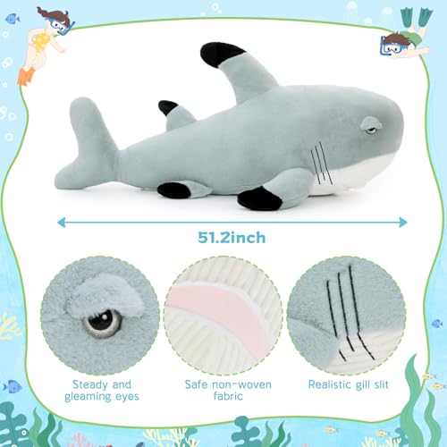 Image of Tezituor 51inches Giant Great White Shark Stuffed Animals, 4.3ft Oversize Gray Stuffed Shark Plush Body Pillow for Girls Boys, Realistic Ocean Plush Toy Christmas Birthday Gift Decora for Kids Adults