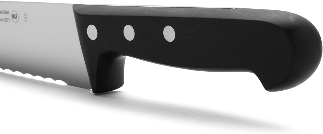 Arcos Pastry Knife/Cake Knife 10 Inch Nitrum Stainless Steel and 250 mm blade. Ergonomic Polyoxymethylene POM Handle. Polypropylene core with soft rubber coating. Series Universal. Color Black