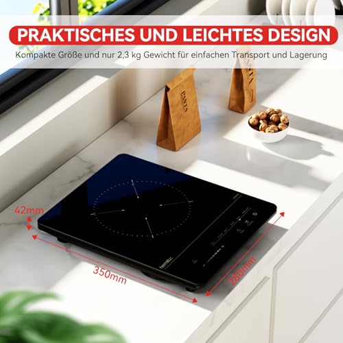 Hermitlux Induktionskochfeld 1 Platte 2100W, 9 Heizstufen,Tragbare Kochplatte mit Timer & Warmhaltefunktion, Kompakt & Leicht, Induktionskochfeld für Küche & Camping