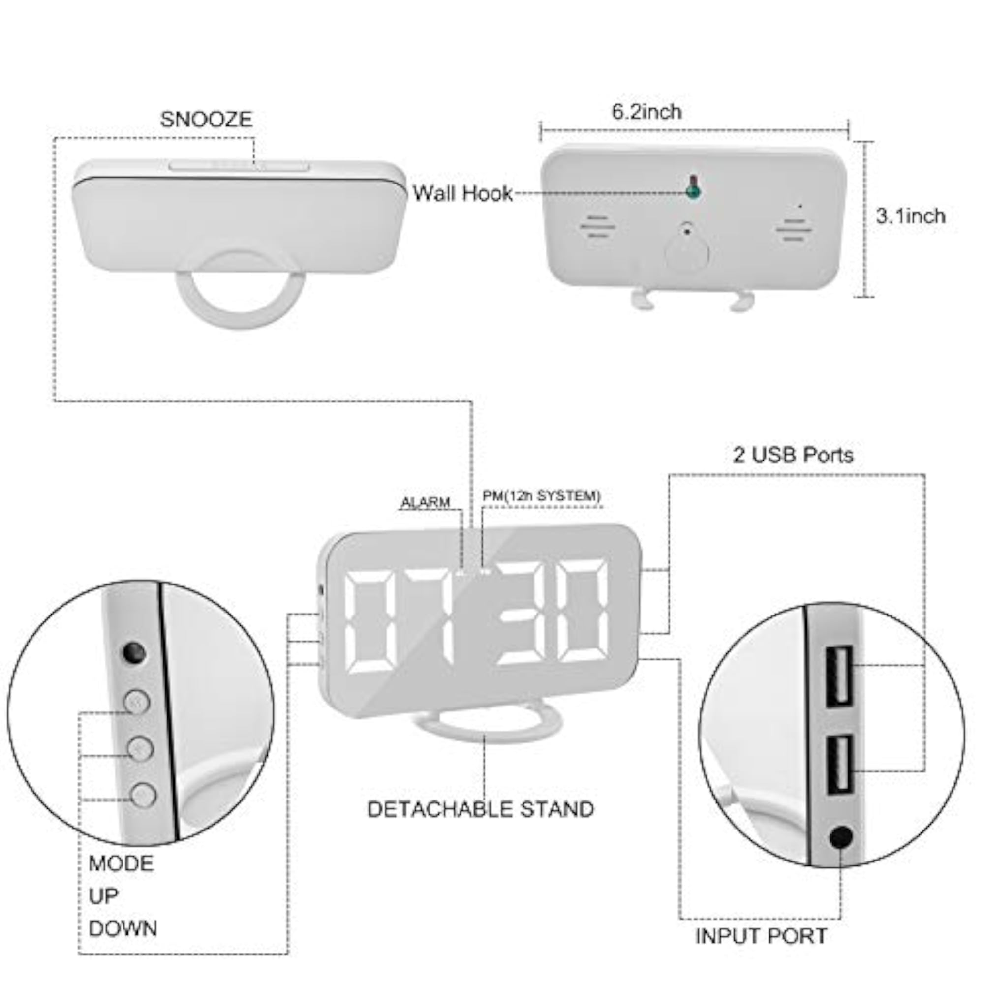 Digital Clock with Large Display, Mirror Surface