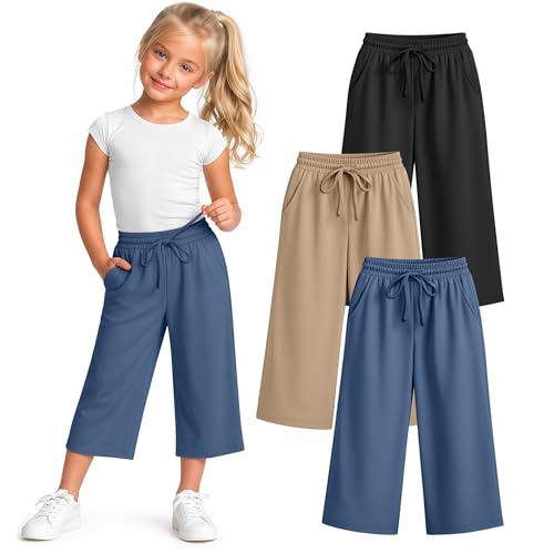 LessonZoo 3 Pack Girls Capri Pants 5-14 Y Drawstring Capris Cropped Pants Kids Workout Summer Loose Sweatpants with Pockets(Black Hazy Blue Khaki 9-10 Years)