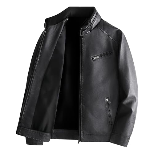 Chaqueta de piel para hombre, cuello alto, para motocicleta, ajustada, estilo vintage, con cremallera, cortavientos, Negro 609A, 4XL