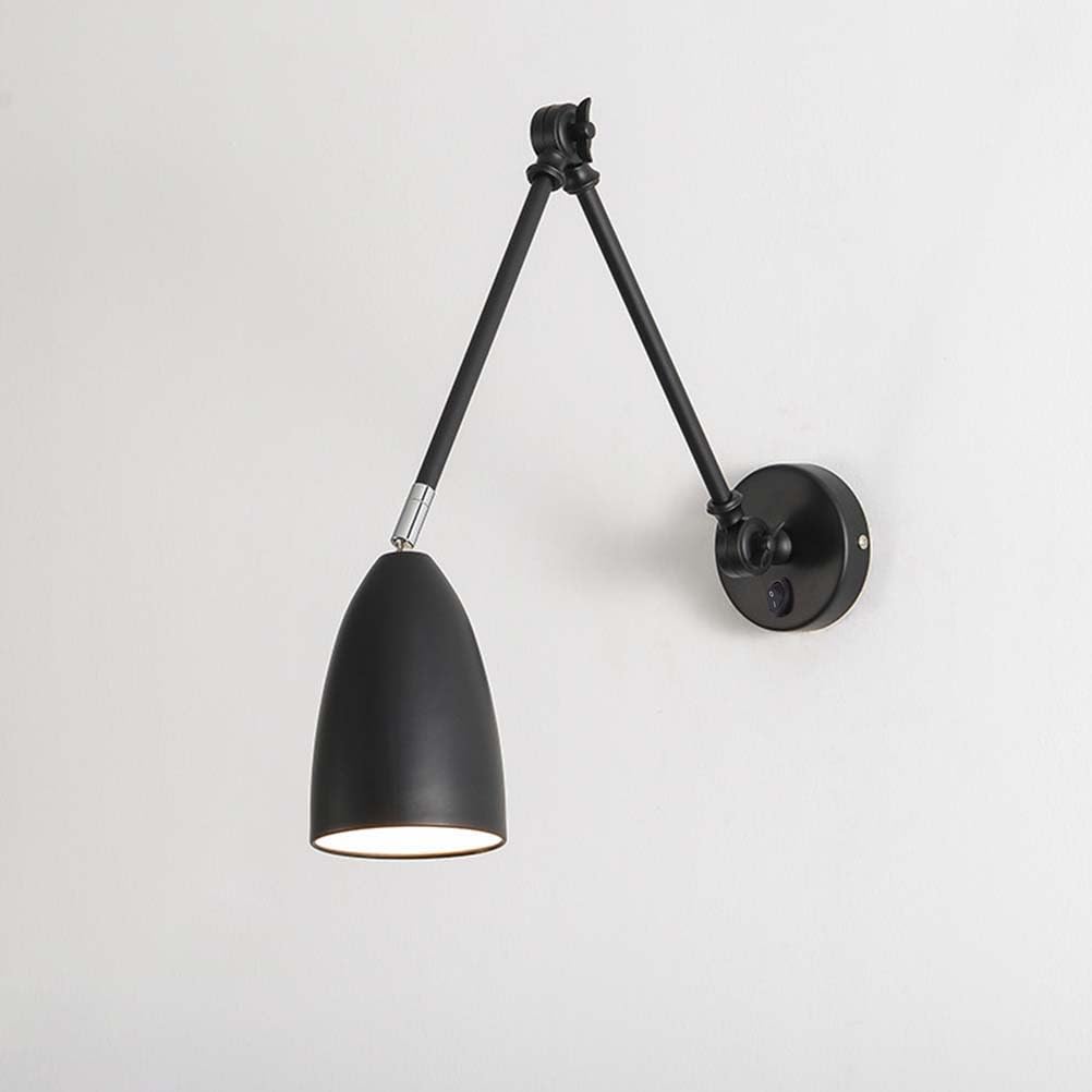 AoLa Schwenkarm Wandleuchte mit Schalter Innen Verstellbarer Langer Arm Wandlampe Wand Leselampe E27 Industrie Retro Metall Lampe Faltbar Langmast Nachttischlampe für Schlafzimmer Büro,Schwarz