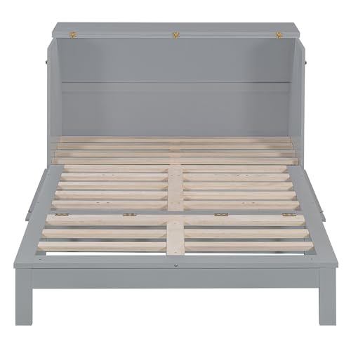 YOPTO Full Size Murphy Bed with Rattan Finish Design,Folding Hidden Wall Bed Frame W/Large Drawer and USB Ports,Space-Saving Wood Cabinet Platform Bed,Slats Support,for Guset Room,Home,Office,Gray by YOPTO - Used condition - Image 6