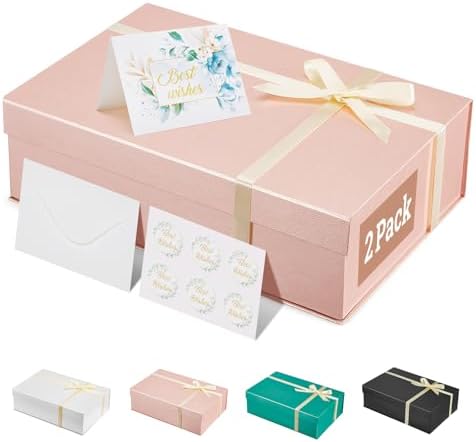 MESHA 13.5x9x4” 2PC Elegant Rose Gold Magnetic Gift Boxes with Bows for Wedding Bridesmaid Proposal Birthday Bridal Party