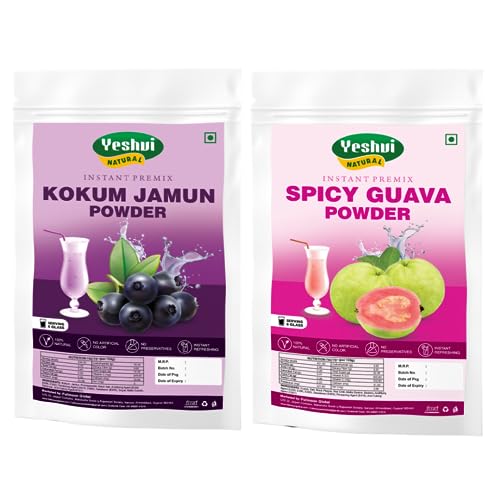Yeshvi NATURAL Spicy Guava Powder & Kokum Jamun Fruit Juice Powder Combo Pack, Instant Mix Drink Powder, Purify Blood, Easy to Make Beverage, Fruit Juice Powder for Adults, 200gm
