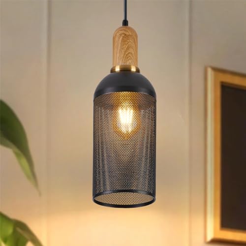 Modern Pendant Light Fixture, Matte Black Wood Grain Kitchen Island Lighting Adjustable Farmhouse Hanging Lamp Industrial Over Island Pendant Lights for Dining Room, Hallway, Bedroom