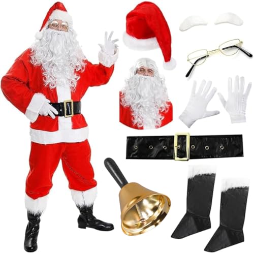 Deluxe Santa Costume â€“ Father Christmas 11 Piece Fancy Dress Outfit with Jacket, Trousers, Wig, Beard, Hat, Boot Covers, Belt, Glasses, Gloves, Eyebrows & Bell â€“ Premium Adult Santa Claus Costume Set