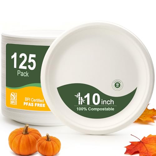 WELLIFE 10 Inch Paper Plates, 125-Pack 100% Compostable Heavy Duty Disposable Plates Bulk, Biodegradable Bagasse, Eco-Friendly, PFAS-Free | BPI Certified | Microwaveable